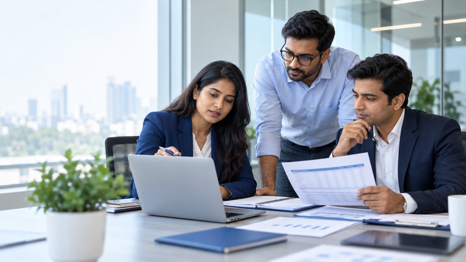 Indian HR and finance professionals reviewing payroll records and a labour compliance checklist